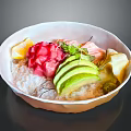 Fresh Salmon And Tuna Fish Poke Bowl With Avocado Rice And Lemon Slices
