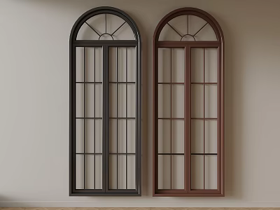 Arched Lattice Windows in Black and Brown Featuring Classic Grid Design Detail 3d model