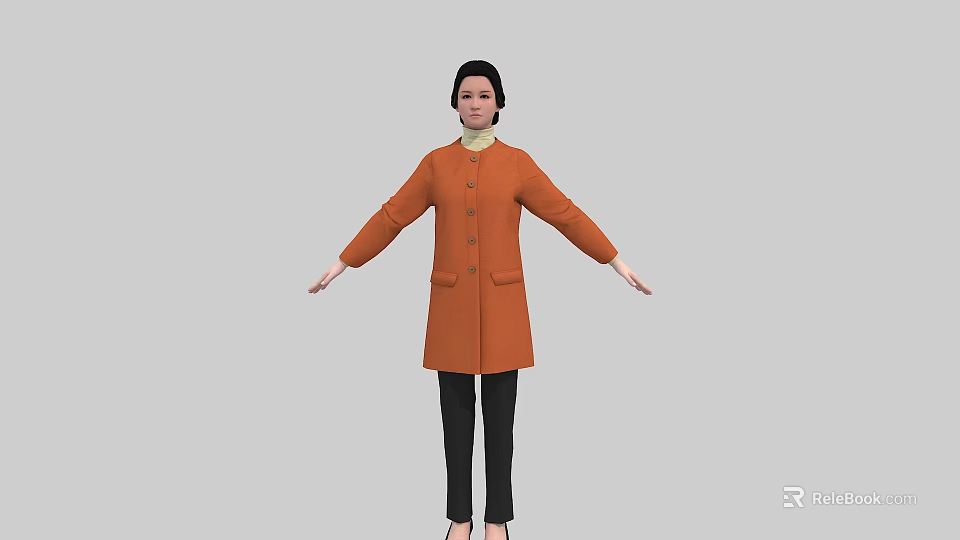 A woman wearing orange coat and black pants with arms outstretched against gray background 3d model 
