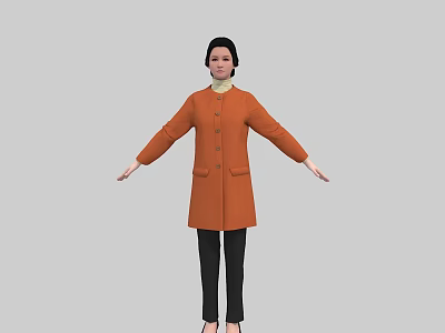 A woman wearing orange coat and black pants with arms outstretched against gray background 3d model