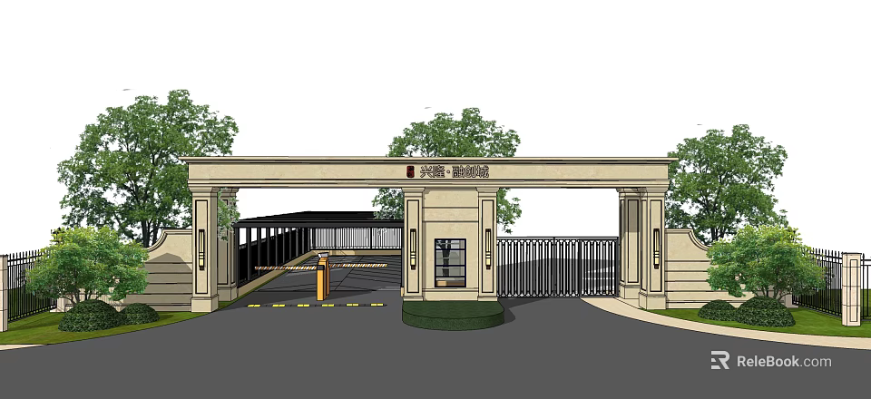 Residential Entrance Gate With Stone Pillars And Iron Gate Surrounded By Landscaped Trees And Driveway 3d model 