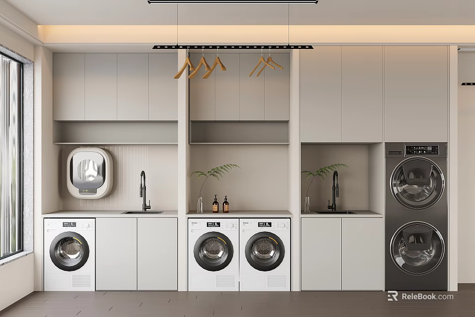 Modern Sleek Laundry Room Bathroom Cabinetry With White Washing Machines Dryers And Plants 3d model 
