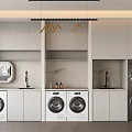 Modern Sleek Laundry Room Bathroom Cabinetry With White Washing Machines Dryers And Plants