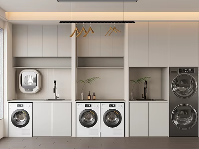 Modern Sleek Laundry Room Bathroom Cabinetry With White Washing Machines Dryers And Plants 3d model