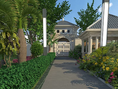 Detached Villa With Landscaped Garden Palm Trees Entrance Pathway Stone Pillars And Decorative Gate 3d model