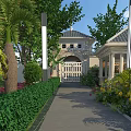 Detached Villa With Landscaped Garden Palm Trees Entrance Pathway Stone Pillars And Decorative Gate