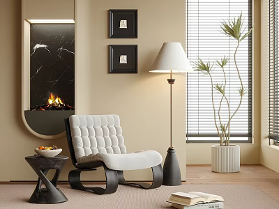 White Tufted Accent Chair In Cozy Living Room With Floor Lamp Side Table And Fireplace 3d model