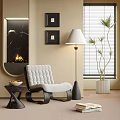 White Tufted Accent Chair In Cozy Living Room With Floor Lamp Side Table And Fireplace