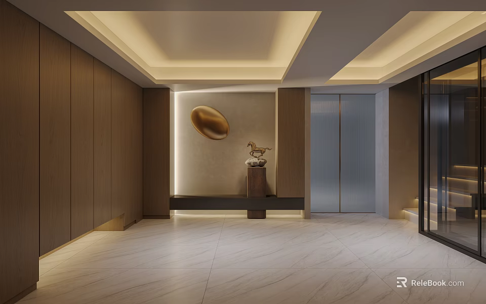 Modern Foyer Design With Wooden Walls Marble Floor And Art Decor 3d model 