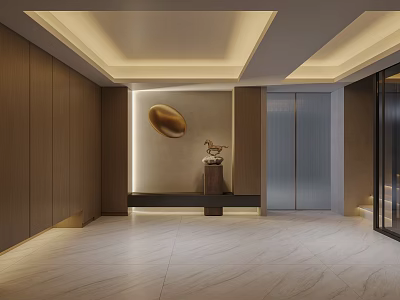 Modern Foyer Design With Wooden Walls Marble Floor And Art Decor 3d model
