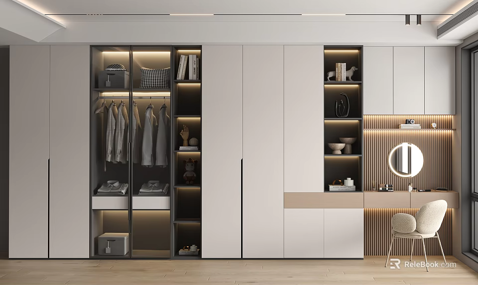 Modern Wardrobe Design With Glass Doors Open Shelves Hanging Clothes And Dressing Mirror 3d model 