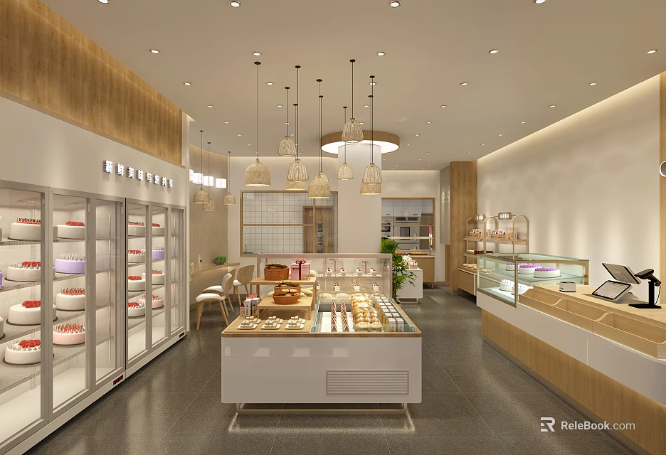Modern Dessert Shop Interior With Glass Display Cases Wooden Decor Baked Goods And Pendant Lights 3d model 