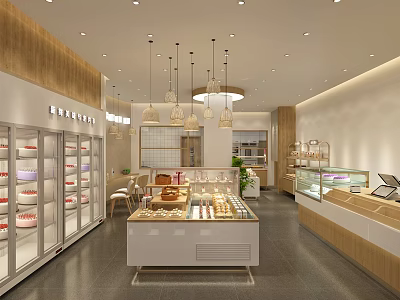 Modern Dessert Shop Interior With Glass Display Cases Wooden Decor Baked Goods And Pendant Lights 3d model