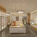 Modern Dessert Shop Interior With Glass Display Cases Wooden Decor Baked Goods And Pendant Lights