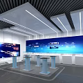 Modern Technology Exhibition Hall With Glass Display Cases And Blue Digital Screens