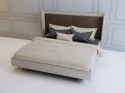Modern Double Bed with Upholstered Headboard and Gray Beige Pillows in Minimalist Room 3d model