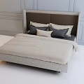 Modern Double Bed with Upholstered Headboard and Gray Beige Pillows in Minimalist Room