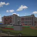 Multi story School Building With Red White Facade Playground Football Field And Green Trees