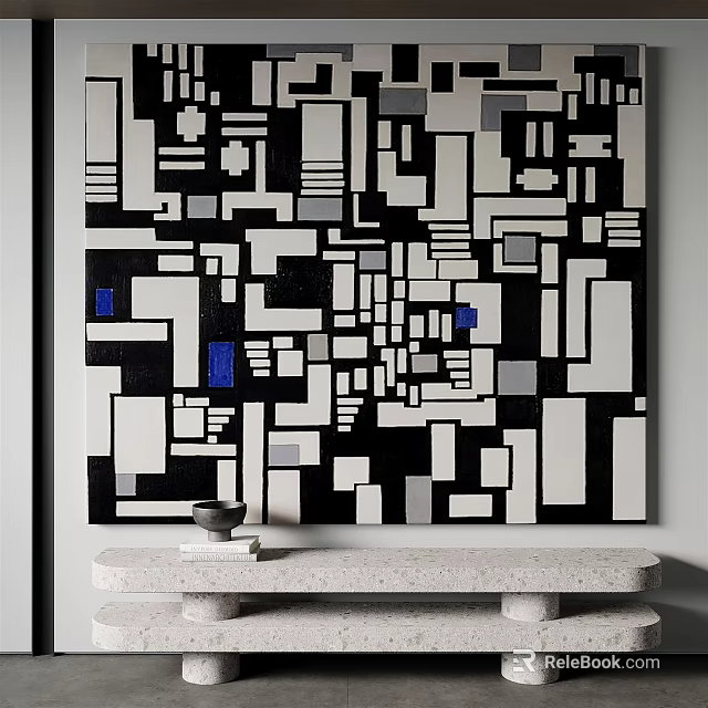 Abstract Painting Featuring Black White Gray Geometric Shapes With Blue Accents Hanging On Wall 3d model 