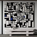 Abstract Painting Featuring Black White Gray Geometric Shapes With Blue Accents Hanging On Wall