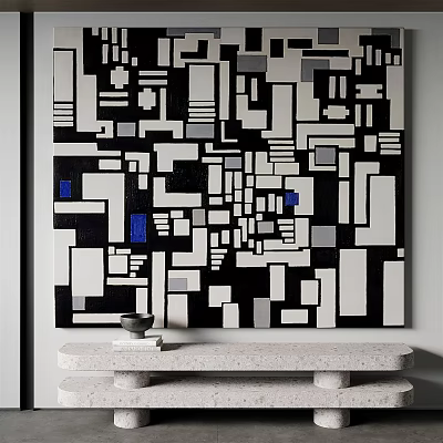 Abstract Painting Featuring Black White Gray Geometric Shapes With Blue Accents Hanging On Wall 3d model
