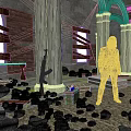 Cartoon Scene of Two Suited Men Standing in Ruined Building with Columns Stones and Crates