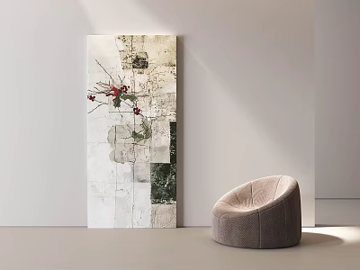 Collage Style Oil Painting With Floral Elements On White Wall And Beige Chair 3d model