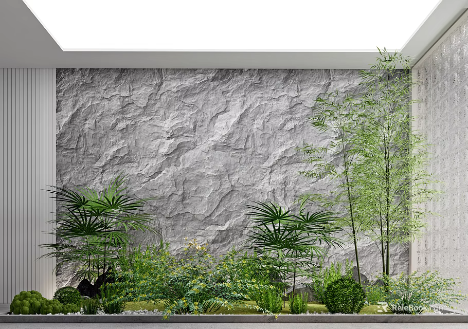 Indoor Landscape With Textured Gray Wall And Lush Green Plants Including Palm Trees And Bamboo 3d model 