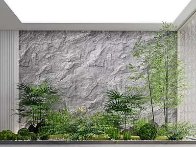 Indoor Landscape With Textured Gray Wall And Lush Green Plants Including Palm Trees And Bamboo 3d model