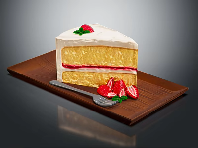 Strawberry Cream Cake with Sponge Layers Decorated with Fresh Strawberries on Wooden Tray and Fork 3d model