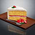 Strawberry Cream Cake with Sponge Layers Decorated with Fresh Strawberries on Wooden Tray and Fork