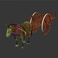 Horse Drawn Wooden Cart With Large Wheels And Brown Horse