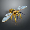 Detailed Yellow and Black Wasp Model With Blue Transparent Wings Isolated on Dark Background