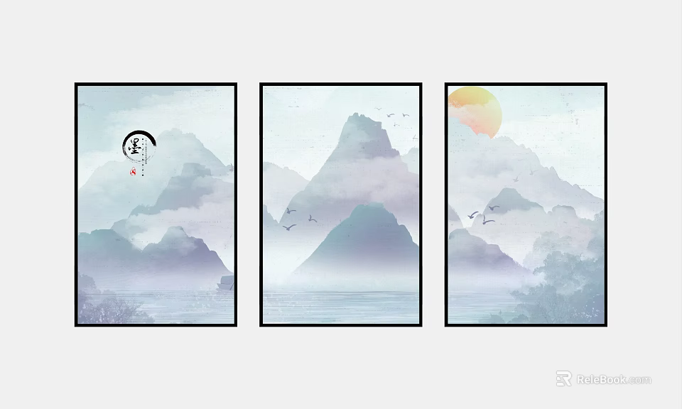 Chinese Ink Wash Landscape Painting With Misty Mountains Flowing Water Flying Birds And Rising Sun 3d model 
