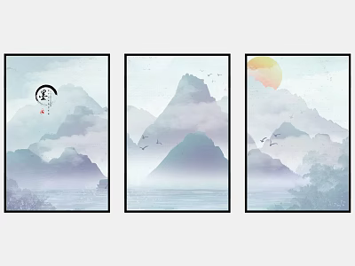 Chinese Ink Wash Landscape Painting With Misty Mountains Flowing Water Flying Birds And Rising Sun 3d model