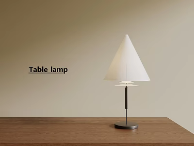 Modern Table Lamp With White Cone Shade On Wooden Table Against Beige Wall 3d model