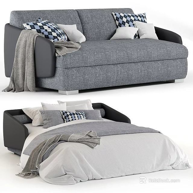 Modern Double Bed With Gray Headboard White Bedding Decorative Pillows And Soft Blanket 3d model 