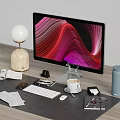 Sleek Computer Monitor With Colorful Wave Screen On Desk With Keyboard Mouse Coffee Cup Lamp