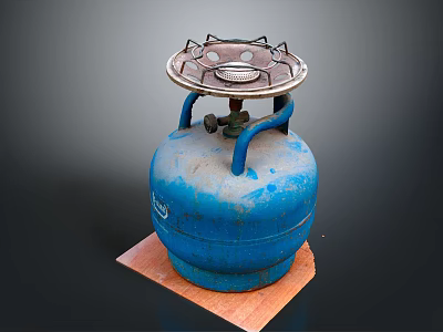 Practical Blue Gas Cylinder With Attached Stove Burner On Wooden Base 3d model