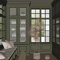 Dark Green Walk-in Closet with Bench Pillows Folded Towels Large Windows and Pampas Grass