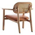 Natural Wooden Frame Single Chair With Wicker Backrest Armrests And Brown Leather Cushion