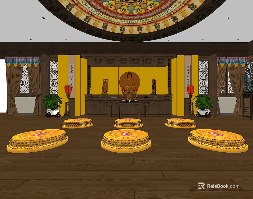 Buddhist Worship Space With Golden Buddha Statue Altar Table Round Cushions And Decorative Ceiling 3d model 