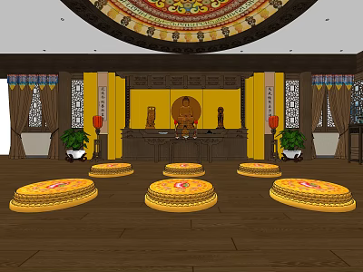 Buddhist Worship Space With Golden Buddha Statue Altar Table Round Cushions And Decorative Ceiling 3d model