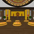 Buddhist Worship Space With Golden Buddha Statue Altar Table Round Cushions And Decorative Ceiling