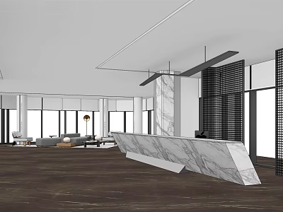 Modern Reception Desk With Marble Surface In Open Office Lobby Featuring Waiting Area Sofa 3d model