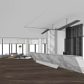 Modern Reception Desk With Marble Surface In Open Office Lobby Featuring Waiting Area Sofa