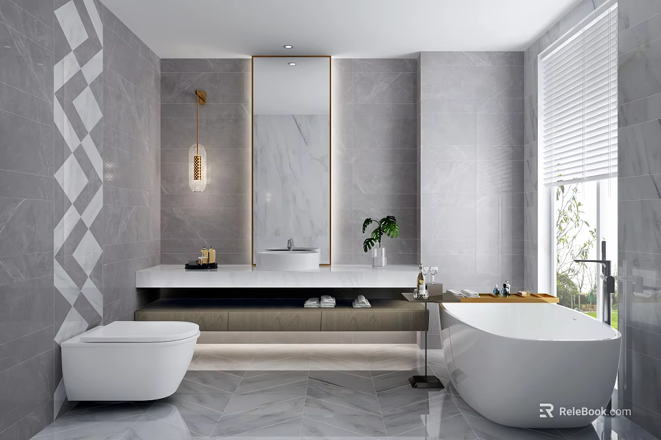 Modern Bathroom Interior With Marble Walls Large Mirror Wall-mounted Toilet And Free-standing Bathtub 3d model 