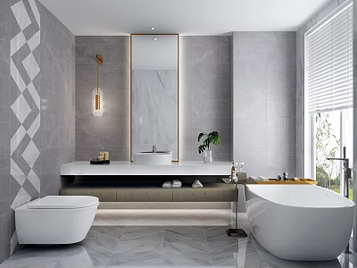 Modern Bathroom Interior With Marble Walls Large Mirror Wall-mounted Toilet And Free-standing Bathtub 3d model