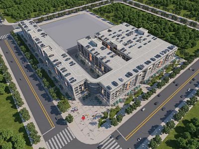 Aerial View Planning of Large Commercial Building Complex With Rooftop Parking Surrounding Roads and Greenery 3d model