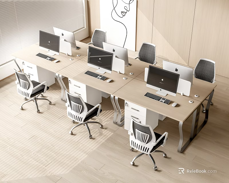 Office Desks With Multiple Workstations Computers Ergonomic Chairs And Drawer Storage In Modern Office 3d model 